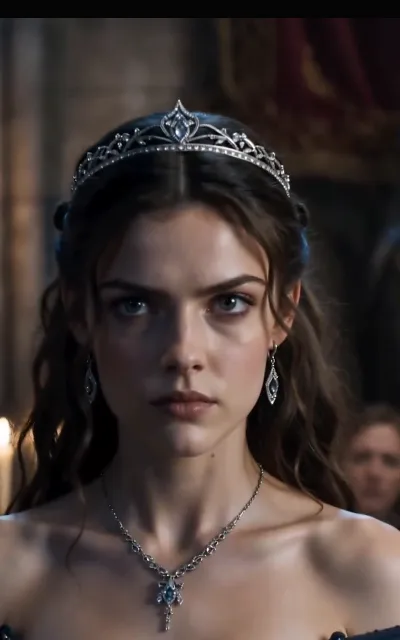 The silver-crown composure — the queen in crown and deep blue, eyes dry now, the cold arriving before the guards do; also the source of her avatar (ep1)