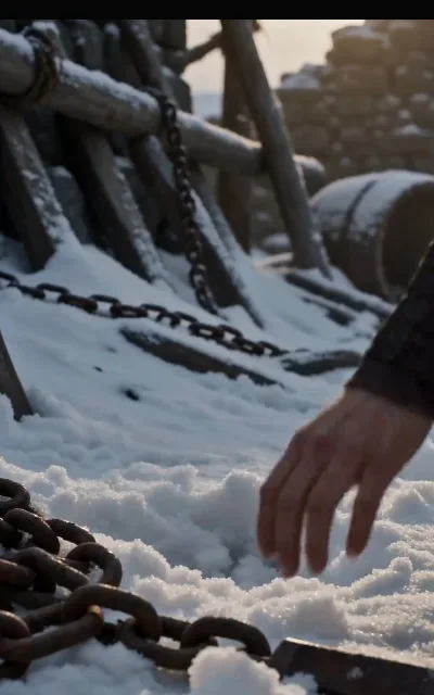 The chain — a length of iron in her hands, the hand dropping, the exile’s lowest hour played as image only (ep3; dark beat as aired, not amplified)