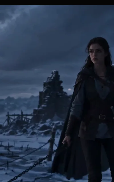 The ruined keep — the exiled queen before a broken fortress in the snow, the revenge arc framed like a saga poster (ep3)
