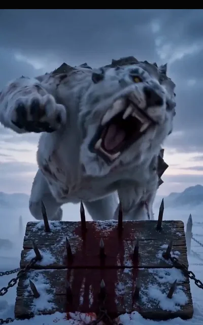 The beast charge — a monstrous shape slamming into the hunters’ shield line mid-hunt, the season’s darkest stretch at full impact (ep4; combat frame as aired, not amplified)