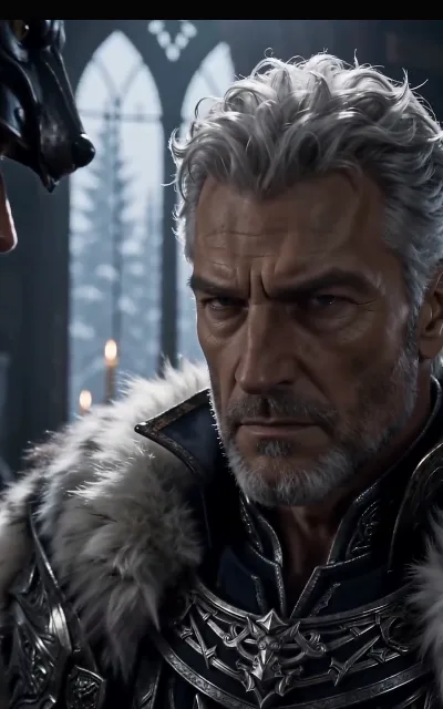 The old lord — silver-grey curls, carved silver armor, a wolf-crest helm at his side; unnamed by the platform and left cardless (ep5)