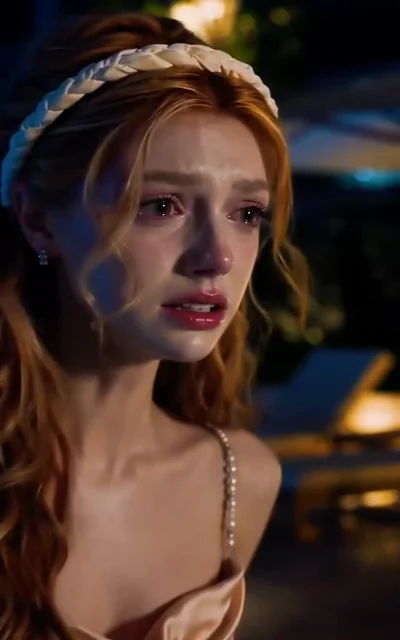 Episode 1 frame: Morgan celebrates her anniversary at a hotel pool party, glowing lights beneath her — the joy that is about to shatter