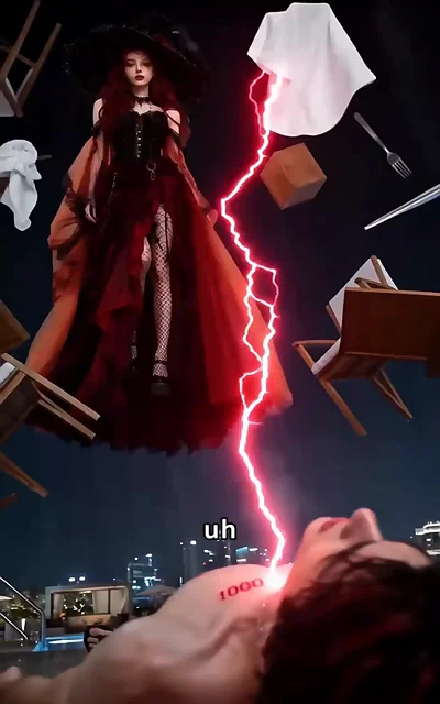 Episode 1 frame: the HERO frame — lightning strikes as Morgan unleashes the karmic curse, Lane branded with '1000' for his deceit