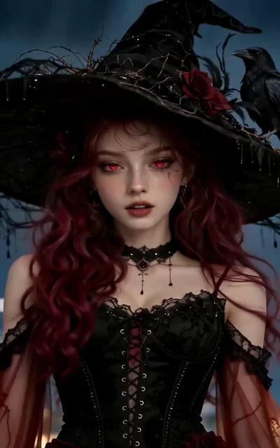 Episode 3 frame: Morgan in full witch regalia — black hat, raven companion, fiery red hair — embracing her Graves legacy