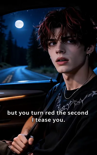 Episode 5 frame: 'But you turn red the second I tease you' — flirtation sparks in close quarters, teasing in the car